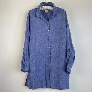 Sigrid Olsen Womens 100% Linen Button Down Shirt Top Blue Roll-Tab Sleeve Casual